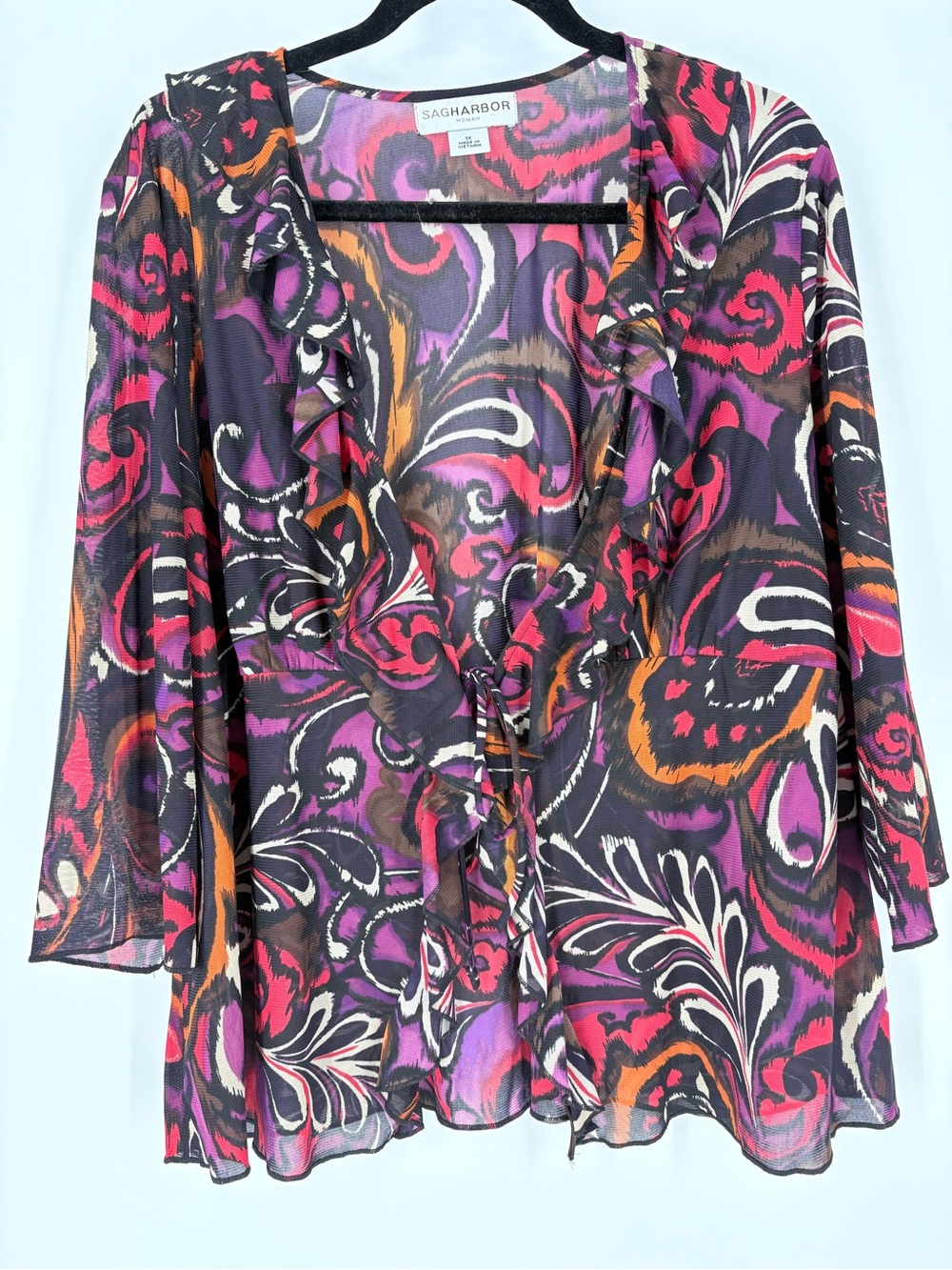 Purple 70s Multi Ruffle Tie-Front Hippy Sheer Resort Boho Blouse Top Plus XL
